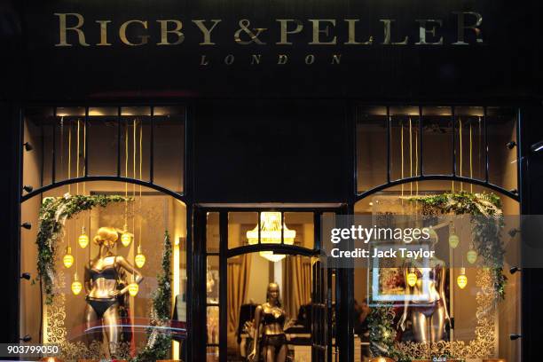 British lingerie retailer Rigby & Peller stands with its royal warrant removed on Hans Road in Knightsbridge on January 11, 2018 in London, England....