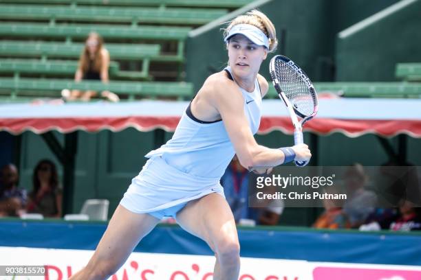 Eugenie Bouchard celebrates beating Destanee Aiava on day 3 of the Kooyong Classic 2018 on January 11, 2017 in Melbourne, Australia. PHOTOGRAPH BY...