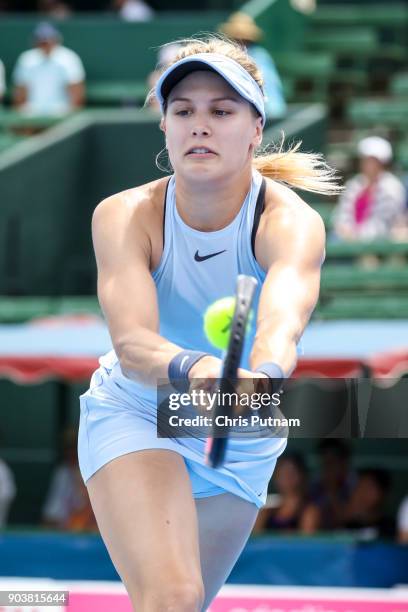 Eugenie Bouchard celebrates beating Destanee Aiava on day 3 of the Kooyong Classic 2018 on January 11, 2017 in Melbourne, Australia. PHOTOGRAPH BY...