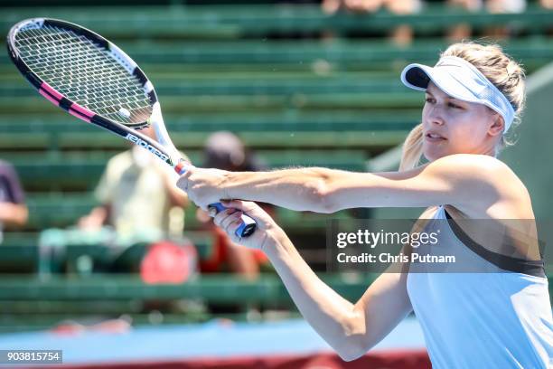 Eugenie Bouchard celebrates beating Destanee Aiava on day 3 of the Kooyong Classic 2018 on January 11, 2017 in Melbourne, Australia. PHOTOGRAPH BY...