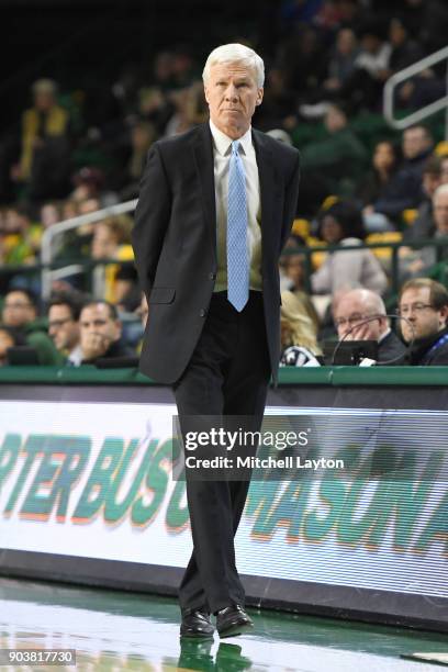 Head coach Bob McKillop of the Davidson Wildcats looks on during a college basketball game against the George Mason Patriots at the Eagle Bank Arena...