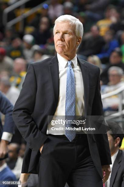 Head coach Bob McKillop of the Davidson Wildcats looks on during a college basketball game against the George Mason Patriots at the Eagle Bank Arena...