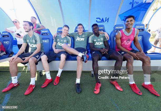 Matteo Darmian, Scott McTominay, Victor Lindelof, Axel Tuanzebe and Marcus Rashford of Manchester United in action during a first team training...