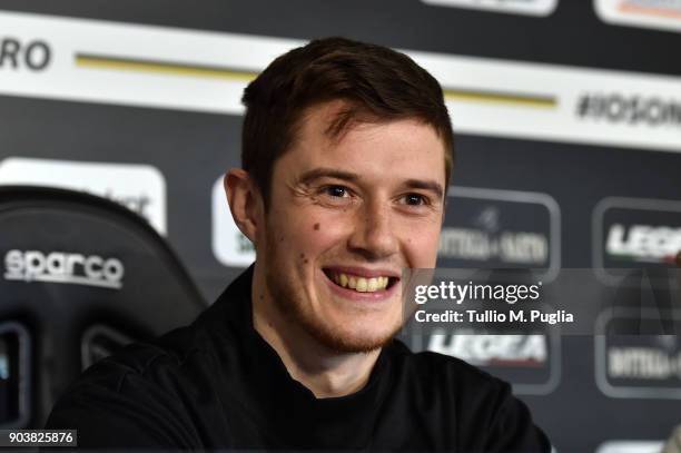 Corantin Fiore answers questions during his presentation as new player of US Citta' di Palermo at Carmelo Onorato training session on January 11,...