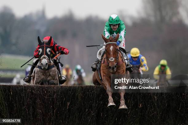 Tom Scudamore riding Zayfire Aramis clear the last to win The Hose Thorns Handicap Steeple Chase at Leicester racecourse on January 11, 2018 in...