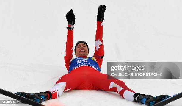 Canada's Rosanna Crawford celebrates her third place in the women's 15 km individual event at the Biathlon World Cup on January 11, 2018 in...