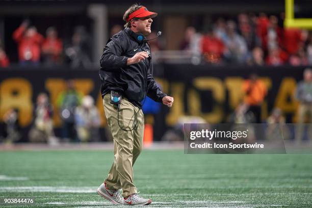 Georgia Bulldogs head coach Kirby Smart reacts after a play during the College Football Playoff National Championship Game between the Alabama...