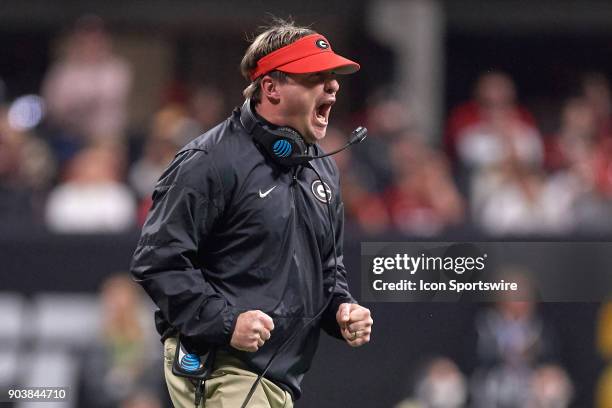 Georgia Bulldogs head coach Kirby Smart reacts after a play during the College Football Playoff National Championship Game between the Alabama...