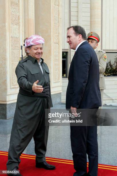 Masoud Barzani bei einem Treffen mit dem schwedischen Premierminier Stefan Löfven zu Gesprächen über die unterstützung der Kurgen im Kampf gegen die...