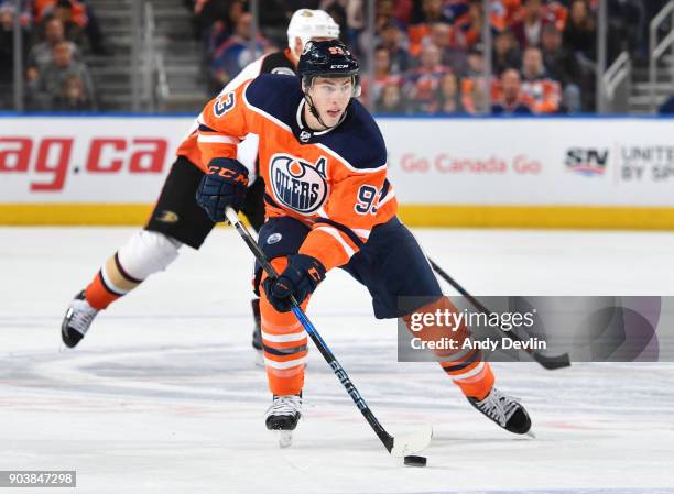 Connor McDavid of the Edmonton Oilers skates during the game against the Anaheim Ducks on January 4, 2018 at Rogers Place in Edmonton, Alberta,...