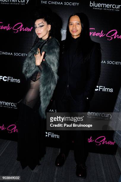 Susanne Bartsch and Zaldy attend The Cinema Society & Bluemercury host the premiere of IFC Films' "Freak Show" at Landmark Sunshine Cinema on January...