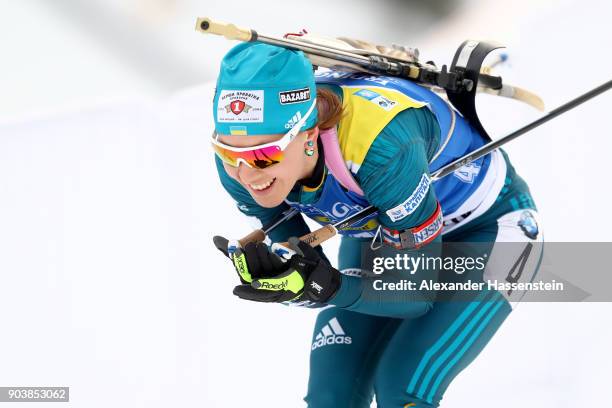 Yulia Dzhima of Ukraine competes at the women's 15km individual competition during the IBU Biathlon World Cup at Chiemgau Arena on January 11, 2018...