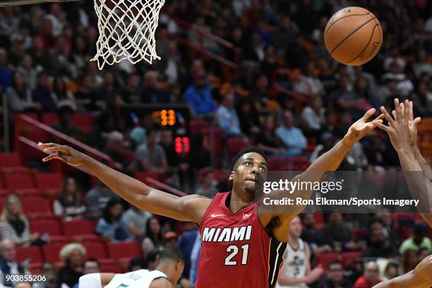 Hassan Whiteside of the Miami Heat in action during a NBA game against the Utah Jazz on January 7, 2017 at American Airlines Arena in Miami, Florida....