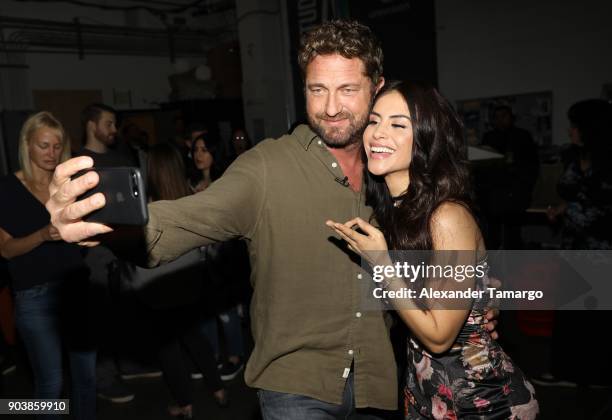 Gerard Butler and Jessica Cediel are seen on the set of "Despierta America" at Univision Studios on January 11, 2018 in Miami, Florida.