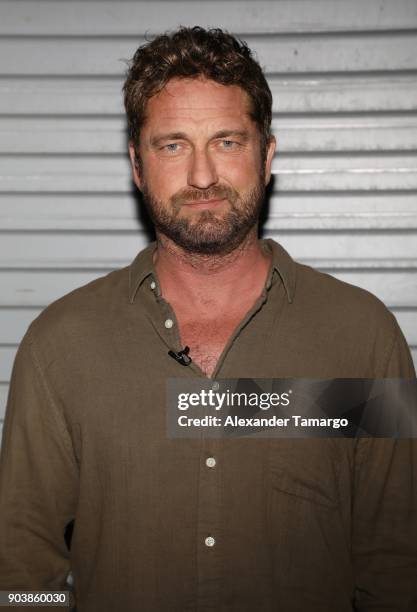 Gerard Butler is seen on the set of "Despierta America" at Univision Studios to promote the film "Den of Thieves" on January 11, 2018 in Miami,...