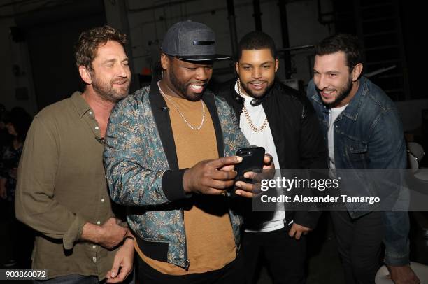 Gerard Butler, Curtis "50 Cent" Jackson, O'Shea Jackson Jr and Pablo Schreiber are seen on the set of "Despierta America" at Univision Studios to...