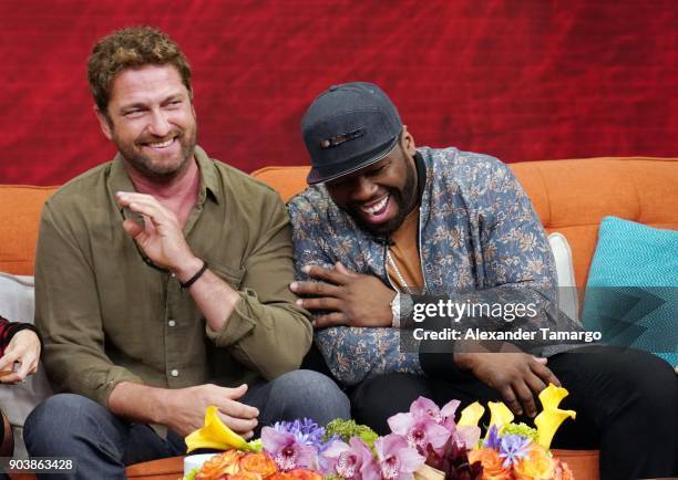 Gerard Butler and Curtis "50 Cent" Jackson are seen on the set of "Despierta America" at Univision Studios to promote the film "Den of Thieves" on...