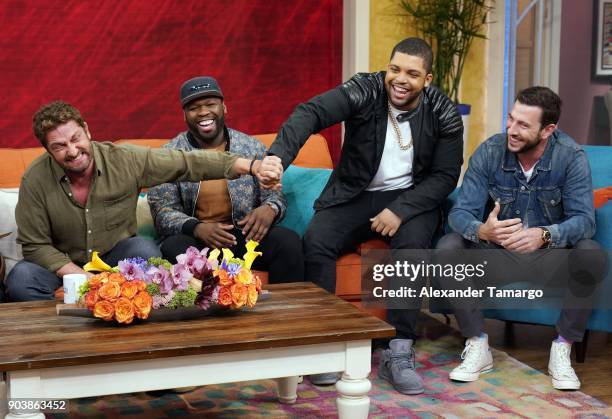 Gerard Butler, Curtis "50 Cent" Jackson, O'Shea Jackson Jr and Pablo Schreiber are seen on the set of "Despierta America" at Univision Studios to...