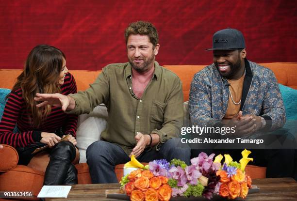 Karla Martinez, Gerard Butler and Curtis "50 Cent" Jackson are seen on the set of "Despierta America" at Univision Studios to promote the film "Den...