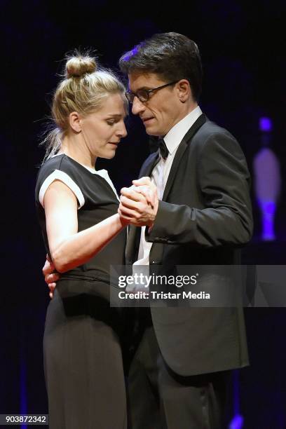 Tanja Wedhorn and Oliver Mommsen during a press rehearsall of the 'Die Tanzstunde' play on January 11, 2018 in Berlin, Germany.