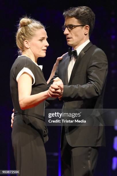 Tanja Wedhorn and Oliver Mommsen during a press rehearsall of the 'Die Tanzstunde' play on January 11, 2018 in Berlin, Germany.