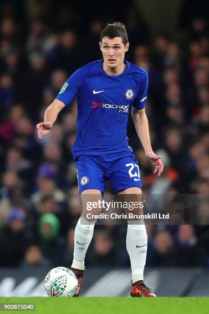 Andreas Christensen of Chelsea in action during the Carabao Cup Semi-Final first leg match between Chelsea and Arsenal at Stamford Bridge on January...