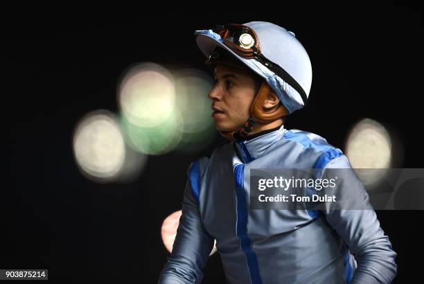 Mickael Barzalona riding Heavy Metal looks on after winning the Al Maktoum Challenge during the Dubai World Cup Carnival Races at the Meydan...