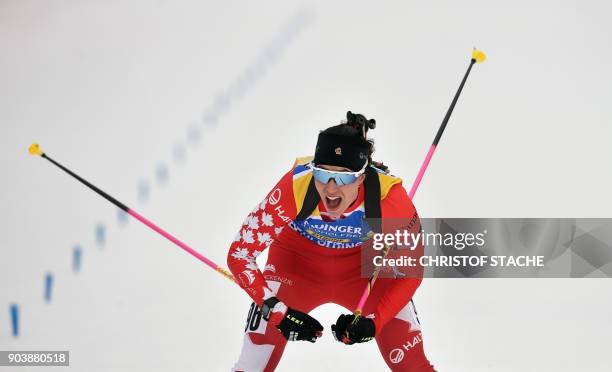 Canada's Rosanna Crawford arrives in the finishing area during the women's 15 km individual event at the Biathlon World Cup on January 11, 2018 in...