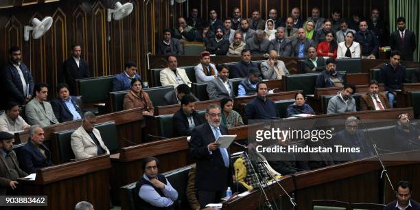 Jammu, India Jammu and Kashmir Finance Minister Haseeb Drabu presents Budget 2018-2019 in J&K Legislative Assembly during the budget session, in...