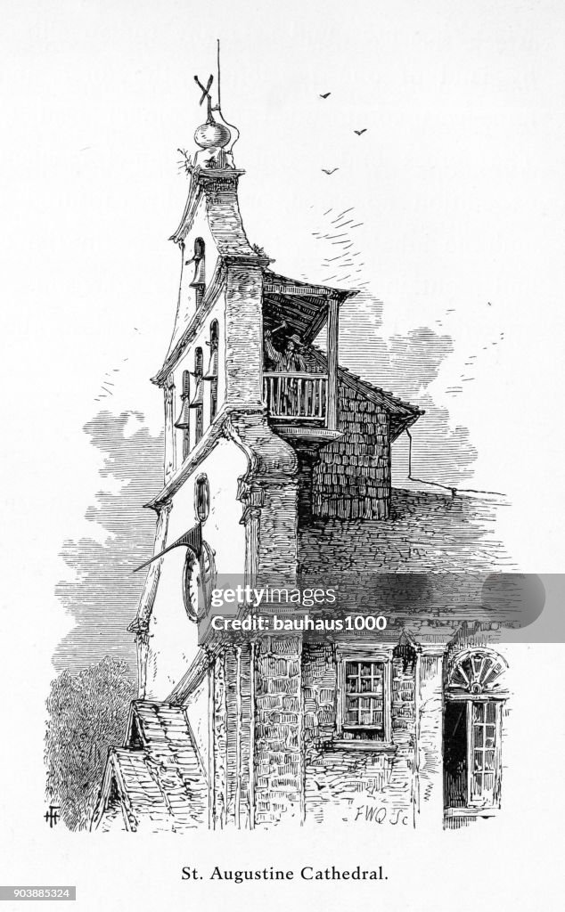 St. Augustine Cathedral, St. Augustine, Florida, United States, American Victorian Engraving, 1872