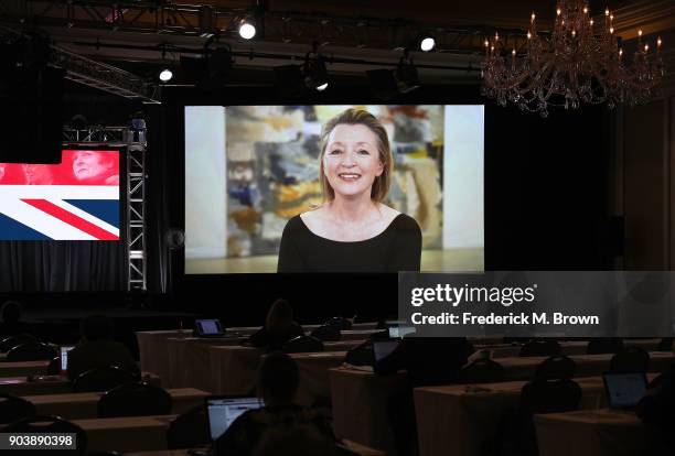 Actress Lesley Manville of the television show "Mum" speaks via satellite feed during the BritBox portion of the 2018 Winter Television Critics...