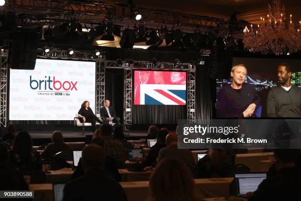 Actors Adrian Lester and John Simm of the television show Trauma speak via satellite feed during the BritBox portion of the 2018 Winter Television...