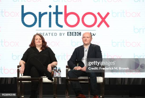 Mike Bartlett, writer/creator/executive producer, and Catherine Oldfield of the television show Trauma speak onstage during the BritBox portion of...