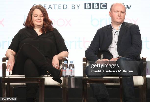 Mike Bartlett, writer/creator/executive producer, and Catherine Oldfield of the television show Trauma speak onstage during the BritBox portion of...