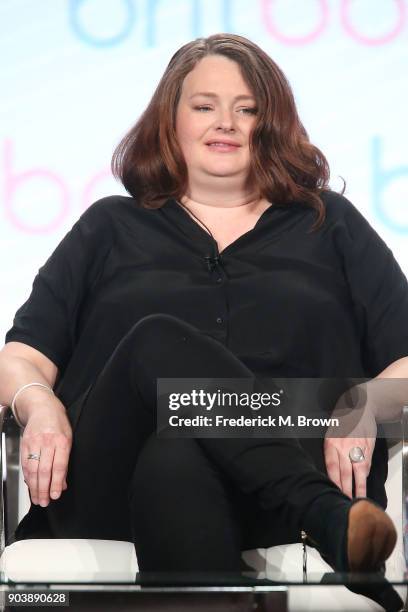 Catherine Oldfield of the television show Trauma speaks onstage during the BritBox portion of the 2018 Winter Television Critics Association Press...