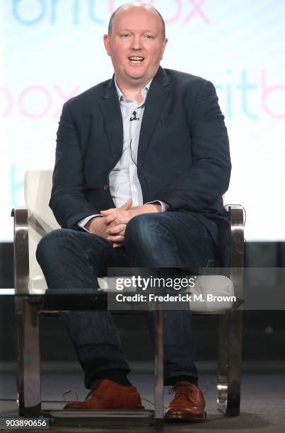 Mike Bartlett, writer/creator/executive producer, of the television show Trauma speaks onstage during the BritBox portion of the 2018 Winter...