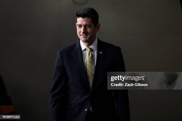 House Speaker Paul Ryan arrives before speaking during a weekly press conference on Capitol Hill on January 11, 2018 in Washington, DC. Ryan defended...