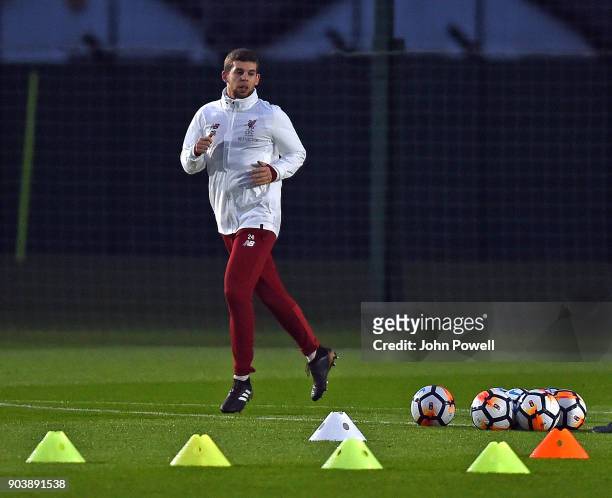 Jon Flanagan of Liverpool during a training session at Melwood Training Ground on January 11, 2018 in Liverpool, England.