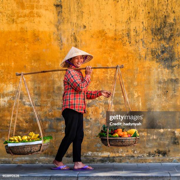 vietnamese woman selling tropical fruits, old town in hoi an city, vietnam - vietnamese ethnicity stock pictures, royalty-free photos & images