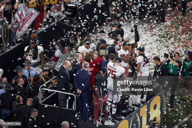 National Championship: Aerial view of Alabama coach Nick Saban victorious, hugging wife Terry after winning game vs Georgia at Mercedes-Benz Stadium....