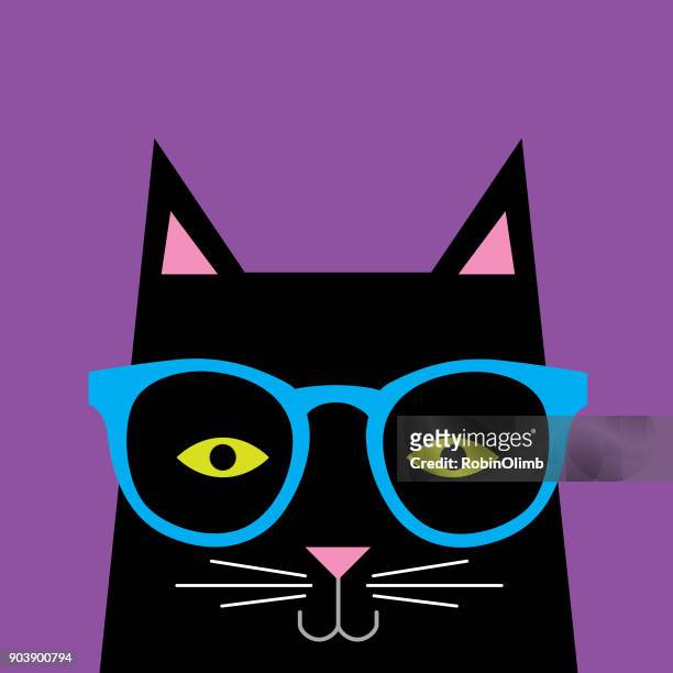 black cat wearing glasses - feline stock illustrations