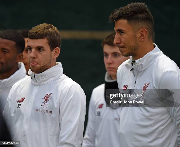 Marko Grujic and Jon Flanagan of Liverpool during a training session at Melwood Training Ground on January 11, 2018 in Liverpool, England.