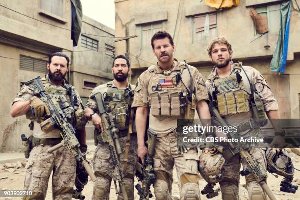 Series SEAL TEAM, scheduled to air on the CBS Television Network. Pictured left to right: AJ Buckley, Neil Brown Jr., David Boreanaz and Max Thieriot.