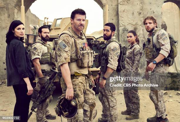 Series SEAL TEAM, scheduled to air on the CBS Television Network. Pictured left to right: Jessica Paré, AJ Buckley, David Boreanaz, Neil Brown Jr.,...