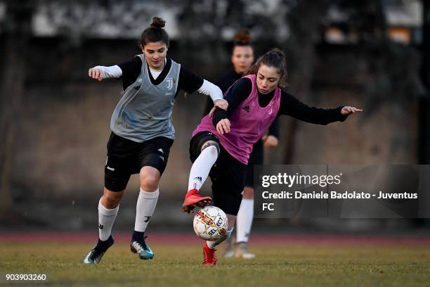 Sofia Cantore and Benedetta Glionna during a Juventus Women training session on January 11, 2018 in Turin, Italy.