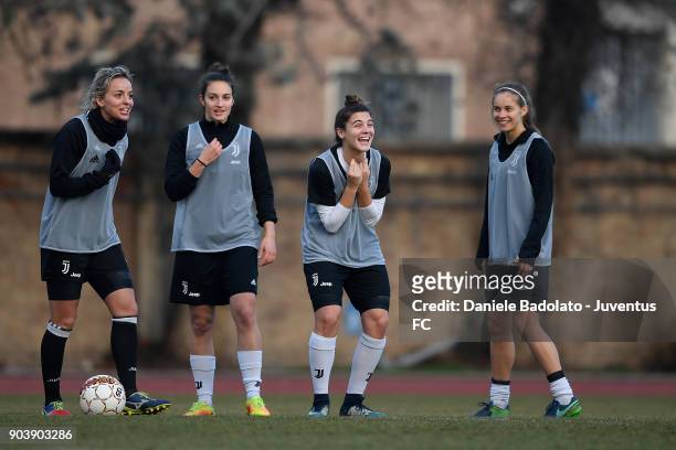 Martina Rosucci , Martina Lenzini , Sofia Cantore and Kathryn Rood during a Juventus Women training session on January 11, 2018 in Turin, Italy.