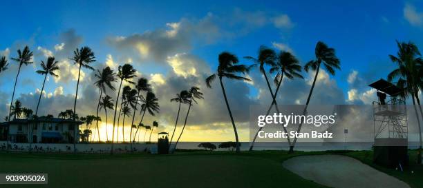 Course scenic view of the 16th hole at sunrise during the first round of the Sony Open in Hawaii at Waialae Country Club on January 11, 2018 in...