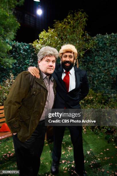 James Corden and Reggie Watts perform in a Donald Trump and Steve Bannon cold open sketch during "The Late Late Show with James Corden," Monday,...