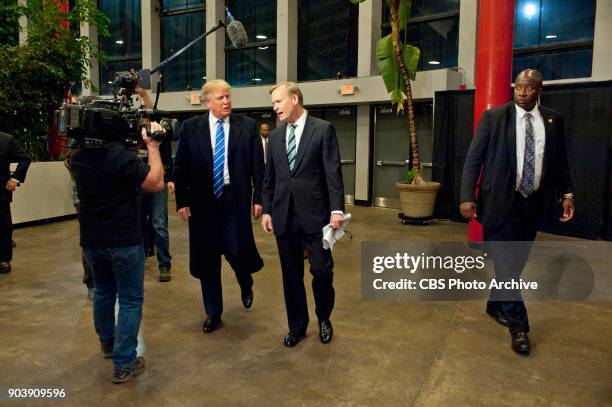 News Political Director and FACE THE NATION anchor John Dickerson talks with GOP Presidential candidate Donald Trump in Raleigh-Durham, North...