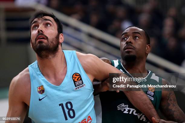 Pierre Oriola, #18 of FC Barcelona Lassa competes with K. C. Rivers, #3 of Panathinaikos Superfoods Athens during the 2017/2018 Turkish Airlines...